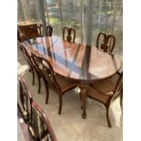 A MAHOGANY EXTENDING DINING TABLE ON CABRIOLE SUPPORTS WITH TWO LEAVES TOGETHER WITH FOUR DINING