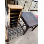 A CD RACK, WIRE WINE RACK AND MAHOGANY SIDE TABLE WITH ONE DRAWER