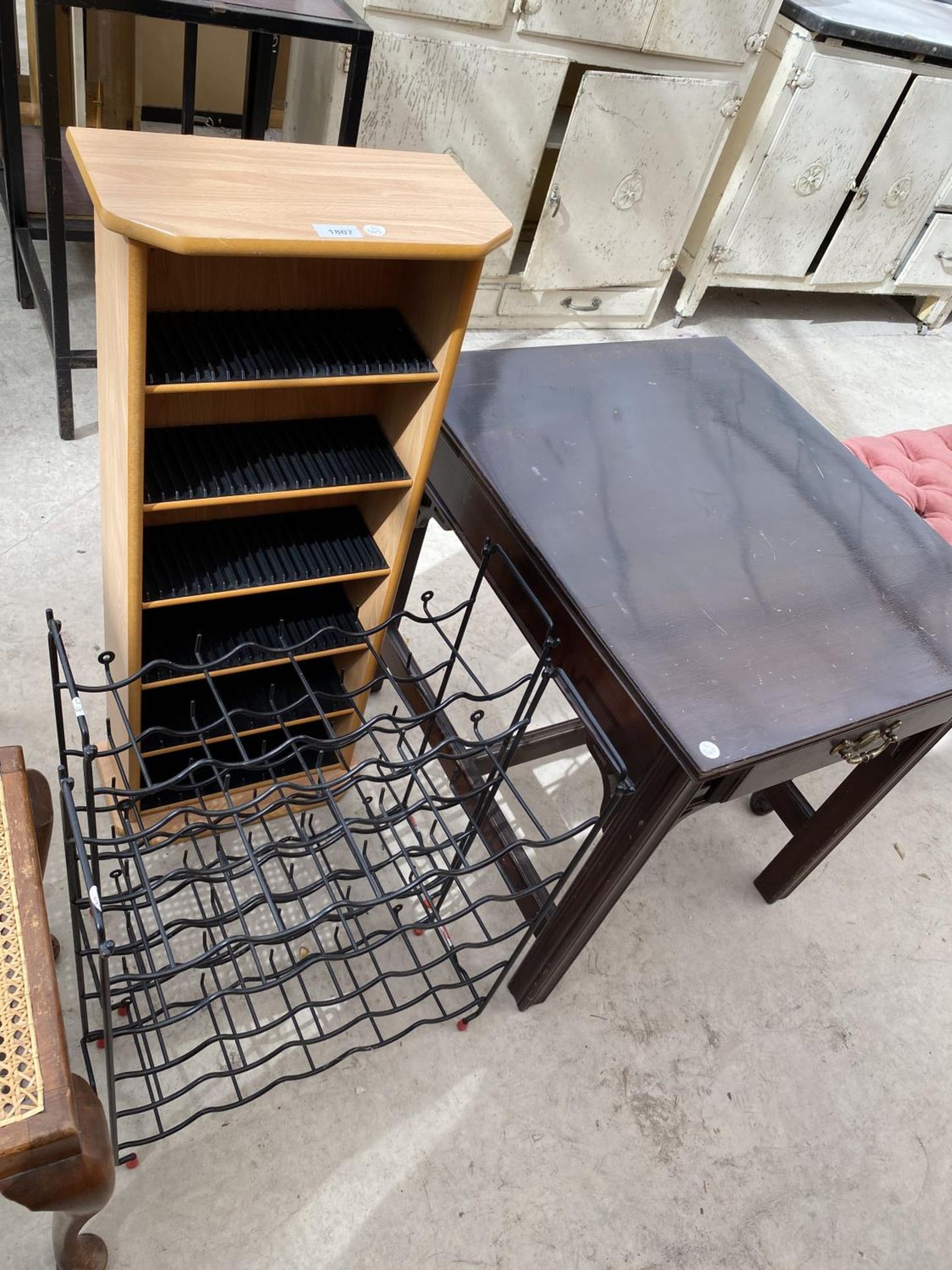 A CD RACK, WIRE WINE RACK AND MAHOGANY SIDE TABLE WITH ONE DRAWER