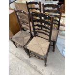 FOUR OAK LADDER BACK DINING CHAIRS WITH RUSH SEATS