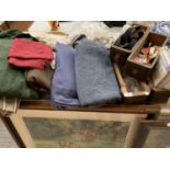 A LARGE COLLECTION OF SEWING RELATED ITEMS TO INCLUDE MATERIAL, SEWING TABLE, DRAWERS FULL