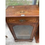 A SMALL VICTORIAN INLAID MAHOGANY CABINET WITH GLAZED DOOR AND ONE DRAWER