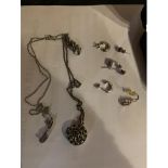 COSTUME JEWELLERY LOT, TO INCLUDE PURPLE PASTE SET LOCKET AND NECKLACES AND MATCHING EARRINGS AND