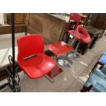 THREE RED HIGH STOOLS AND TABLE