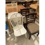 A HIGH STOOL AND THREE VARIOUS DINING CHAIRS