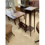 A MAHOGANY SIDE TABLE, MAGAZINE RACK AND PLANT STAND