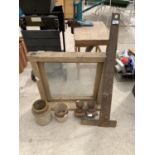 A VINTAGE WOODEN WINDOW, STONEWARE JARS, SET SQUARE ETC