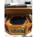 A VINTAGE STYLED, WOODEN CASED, COMPACT DISC RECORD PLAYER, IN WORKING ORDER