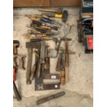 VARIOUS TOOLS TO INCLUDE SET SQUARES, AXE, SAW, CHISELS, HAMMERS ETC