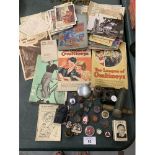 A COLLECTION OF VINTAGE POSTCARDS AND BADGES ETC