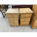 TWO PINE BEDSIDE CHESTS OF THREE DRAWERS