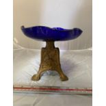 A BRISTOL ART NOUVEAU BLUE GLASS DISH ON A GILT ORNATE STAND