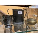 PEWTER TANKARD / BRASS POWDER FLASK / SMALL CUP