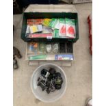 VARIOUS FISHING ITEMS TO INCLUDE REELS, TACKLE BOX, WEIGHTS, BAIT ETC