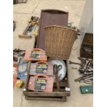 TWO VINTAGE WOODEN POTATO CRATES, A WOODEN TRAY, SCREWS, BASKET, SCISSORS ETC