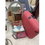 A MIRROR, SUITCASE AND TYREE HANDBAGS