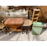 FOUR ITEMS - AN OAK DROP LEAF TEA TROLLEY, OAK OCCASIONAL TABLE, LLOYD LOOM STYLE LINEN BOX AND A CD