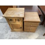 A PINE BEDSIDE CABINET WITH ONE DOOR AND ONE DRAWER AND A PINE BEDSIDE CHEST OF THREE DRAWERS