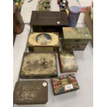 EIGHT ORIGINAL VINTAGE ADVERTISING TINS AND BOXES