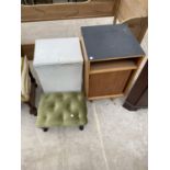 THREE ITEMS - A FOOTSTOOL, A LLOYD LOOM STYLE LINEN BOX AND A STAG BEDSIDE CABINET