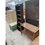 A SERVING STAND, SMALL OAK BOOKCASE AND LLOYD LOOM STYLE OTTOMAN