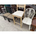 A HIGH STOOL AND THREE VARIOUS DINING CHAIRS