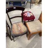 A STAINED DINING CHAIR AND TWO STOOLS