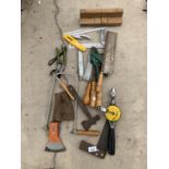 VARIOUS TOOLS TO INCLUDE AXES, KNIVES, PRUNERS, DRILL ETC