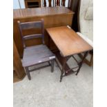 A PINE KITCHEN CHAIR AND A SMALL MAHOGANY SIDE TABLE