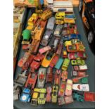 A LARGE COLLECTION OF VINTAGE TOY VEHICLES TO INCLUDE CRANES, WAGONS, CARS ETC