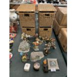 TWO BASKET UNITS AND VARIOUS CERAMICS TO INCLUDE BIRDS, COTTAGES ETC