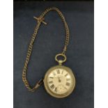 A VINTAGE PLATED POCKET WATCH WITH CHAIN