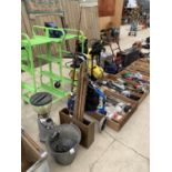 VARIOUS ITEMS TO INCLUDE A GALVANISED BUCKET, FISING RODS, EASEL, BRASS RACK, MOBILITY TROLLEY ETC