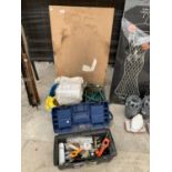 VARIOUS ITEMS TO INCLUDE A TOOL BOX AND CONTENTS, HOSE PIPE, PASTING TABLE ETC