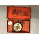A VINTAGE INGERSOLL MICKEY MOUSE POCKET WATCH WITH ORIGINAL BOX (NO LENS)