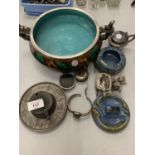 A POTTERY AND METAL DISH AND CONTENTS