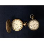 A DENNISON GOLD PLATED HUNTER POCKET WATCH WITH ELGIN MOVEMENT AND A WHITE METAL OPEN FACED POCKET