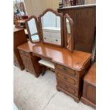 A ROSSMORE FURNITURE CHERRY WOOD DRESSING TABLE WITH SIX DRAWERS, THREE SECTION MIRROR AND STOOL