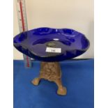 A BRISTOL ART NOUVEAU BLUE GLASS DISH ON A GILT ORNATE STAND