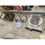 A MARBLE BASIN, BAKELITE LIGHT SWITCHES AND THREE CERAMIC PLAQUES AND A VINTAGE WOODEN CRATE AND