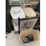 TWO TEA TROLLEYS, A TAPESTRY FIRE SCREEN AND A WICKER BASKET