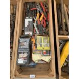 A WOODEN BOX CONTAINING DRILL BITS, BLADES, WIRE STRIPPERS ETC