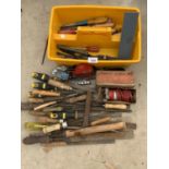 A LARGE QUANTITY OF TOOLS AND A CARRY BOX TO INCLUDE RASPS, SPANNERS, DRIIL, LAMP ETC