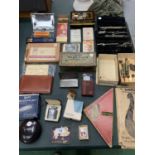 A COLLECTION OF VINTAGE ITEMS TO INCLUDE LIGHTERS, CARDS, CARS, TIN BOX ETC