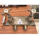 A SET OF VINTAGE SINK TAPS 'EAU FROIDE' 'EAU CHAUDE TOGETHER WITH A HAND HELD 14 LB SCALES WEIGHT