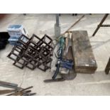 GARDEN TOOLS, A WOODEN BOX, TWO WINE RACKS ETC