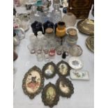 VARIOUS ITEMS TO INCLUDE DECANTERS, GLASSES, FRAMED PICTURES, JARS ETC