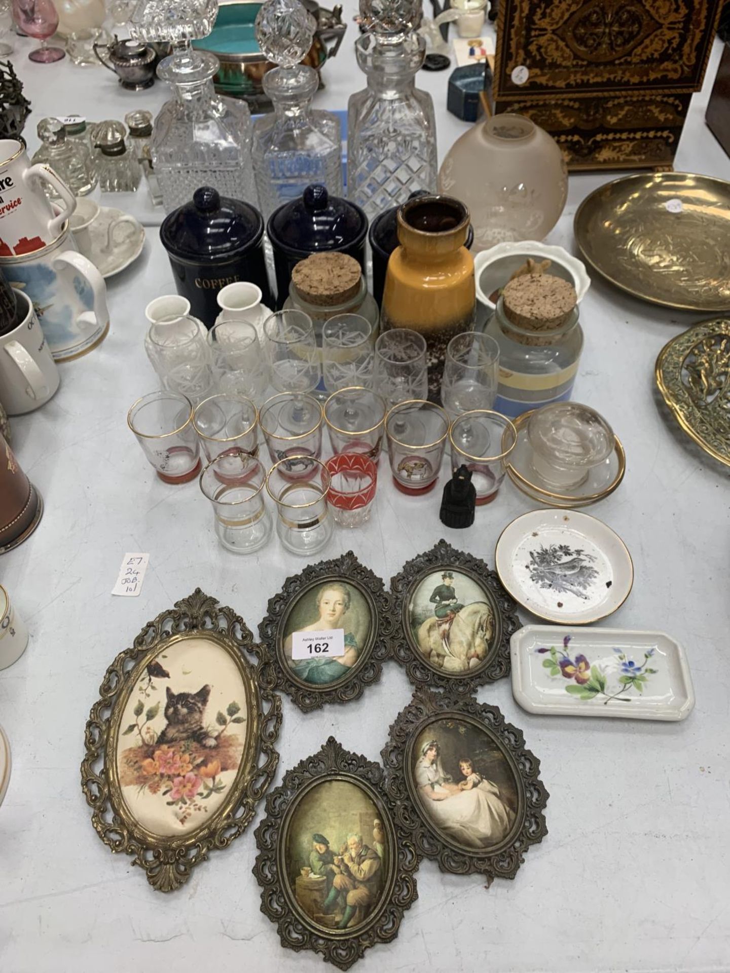 VARIOUS ITEMS TO INCLUDE DECANTERS, GLASSES, FRAMED PICTURES, JARS ETC