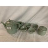 A BEAUTIFUL CHINESE CELADON 7 PIECE TEA SET FISH DESIGN MARKED TO BASE IN PERFECT CONDITION