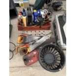 VARIOUS ITEMS TO INCLUDE SAWS, HANGING BASKETS, WHEEL BRACE, EXTENSION CABLE ETC